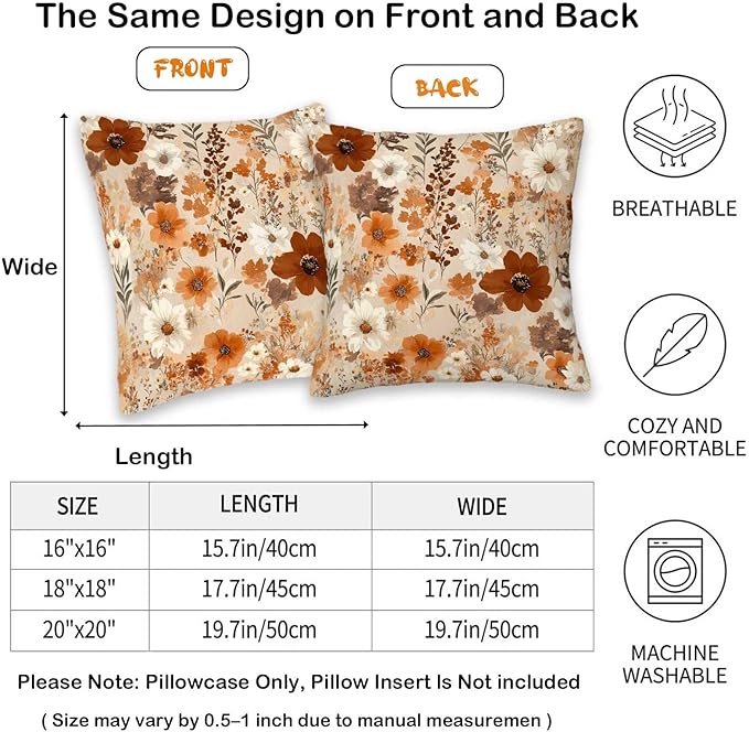 Vintage Floral Throw Pillow Covers 18x18 Set of 2 | Retro Flower Pillow Cases for Couch and Bed Room | Farmhouse Cushion Cases for Home Decor