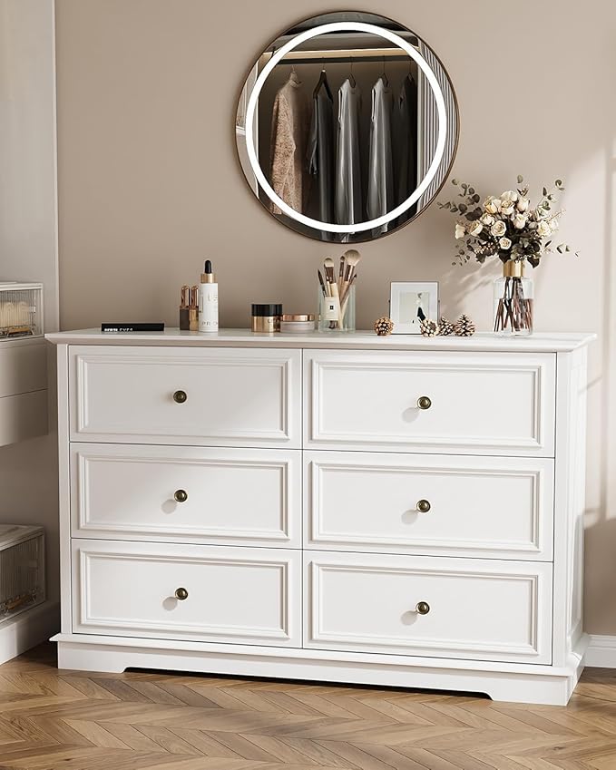 White Dresser, 6 Drawer Dressers for Bedroom, Wide Chest of Drawers with Deep Drawers, Closet Dressers with Metal Handle, Wood Dresser for Living Room, Hallway, Closet