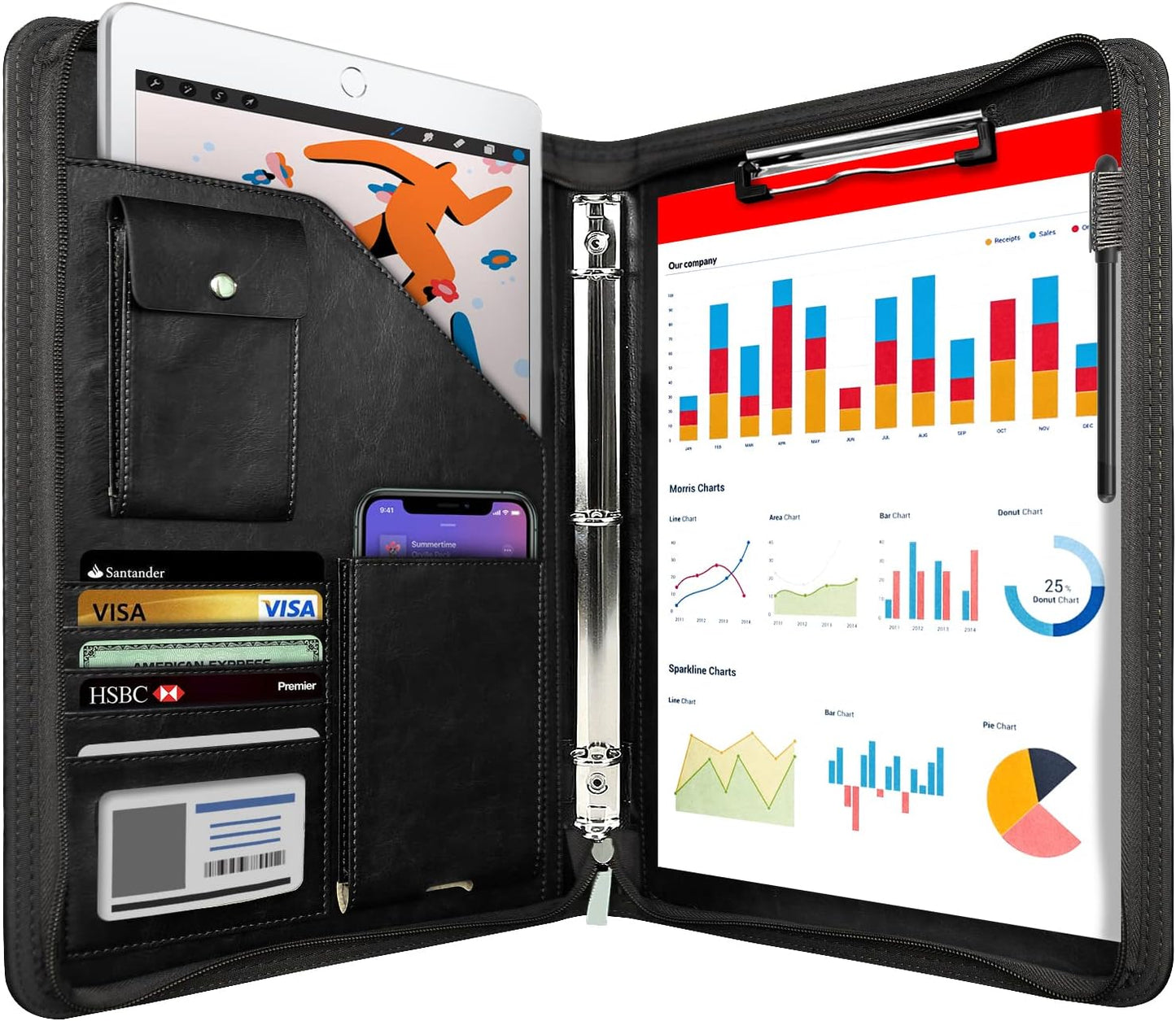 WRIYES Leather Padfolio - Professional Zippered Portfolio Organizer with 3 Ring Binder | Black
