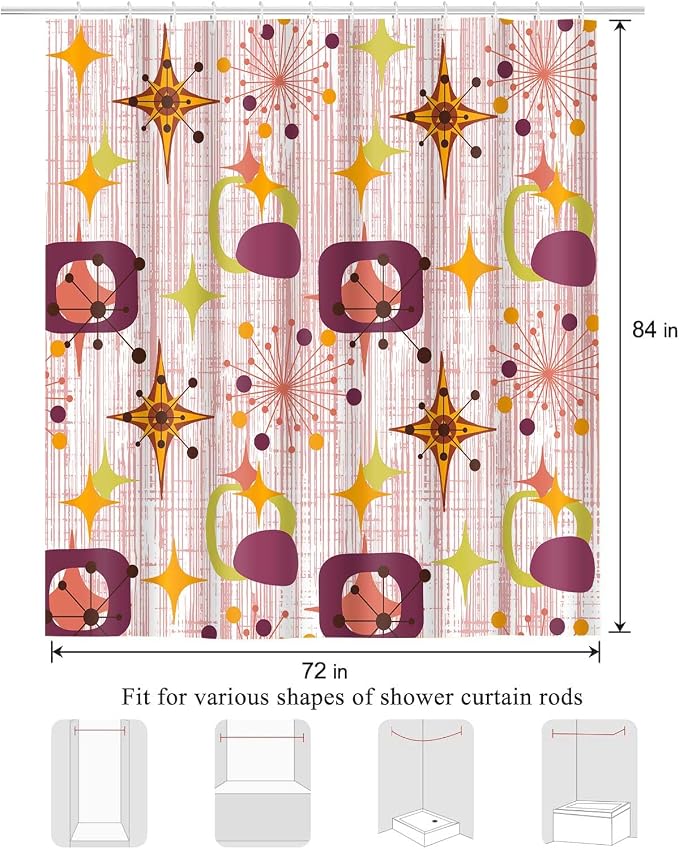 Mid Century Shower Curtain, 72x84inch, Modern Abstract Retro Red Striped Geometric Shower Curtain Sets 1950s Boho Bathroom Shower Curtain with 12 Hooks