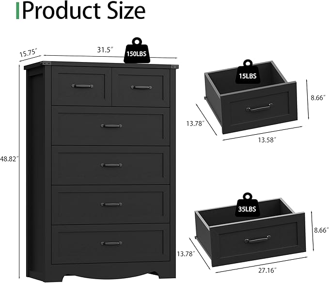 Dresser for Bedroom with 6 Drawers, 49" Tall Wood Chest of Drawers with Deep Drawers & Mental Handle, Modern Dresser TV Stand, Wooden Closet Storage Organizer for Living Room, Hallway, Entryway, Black