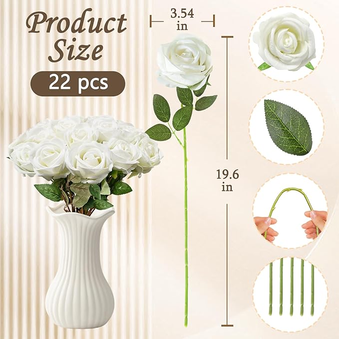22 Pcs Artificial Roses - Realistic Velvet Flowers with Stems, Bulk Faux Roses for Home Wedding Party Decor (White)