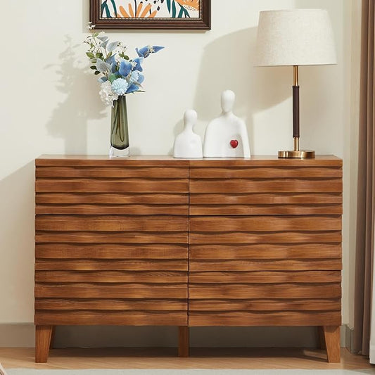 UEV Solid Wood Face 6 Drawer Dresser,Mid Century Modern Dresser with Chest,Flutted Chest of Drawers with Moire Patten for Bedroom, Living Room (Natural Wood)