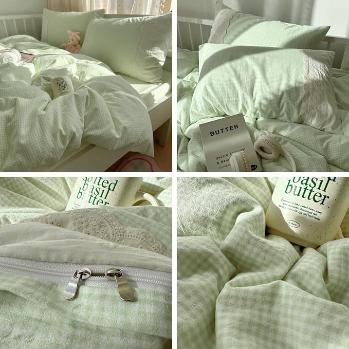 LifeTB Green Gingham Duvet Cover King 3 Pieces Romantic Lace Duvet Cover Soft Washed Microfiber Green Grid Plaid Comforter Cover with 2 Pillowcases Farmhouse Checkered Gingham Bedding Set