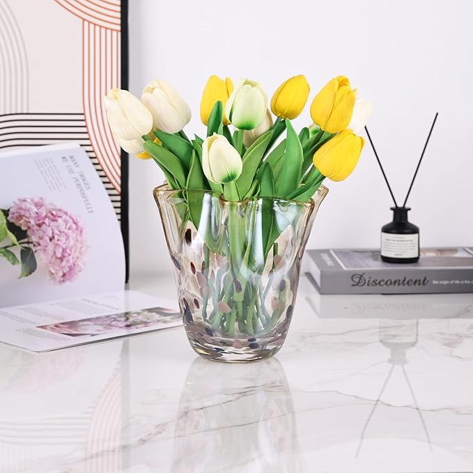Hand Blown Amber Glass vase, Unique Brown Glass Wide Mouth vase for Console Office TV Stand Coffee Table entryway Entrance Desktop Living Room Table Centerpiece.