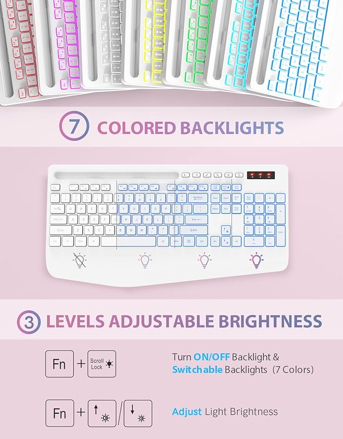 Trueque Wireless Keyboard with 7 Colored Backlits, Phone Holder, Wrist Rest, Rechargeable Ergonomic Keyboard with Silent Light Up Keys, Cordless Computer Keyboard for Windows, Mac, Laptop - (White)
