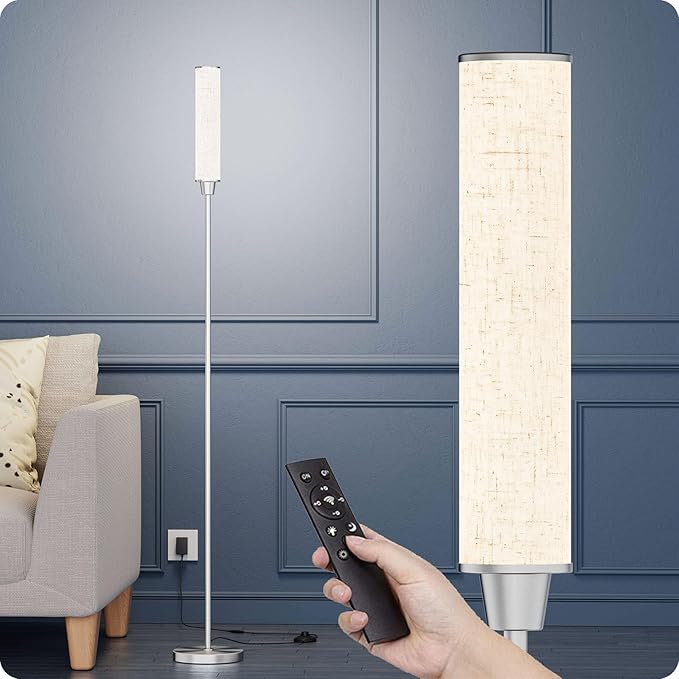 Nukanu Floor Lamp with Remote Control,Floor Lamps for Living Room/Bedroom/Office, Stepless Adjustable 3000K-6000K Colors and 10-100% Brightness,Standing Light with Foot Switch (Nickel+Beige Linen)