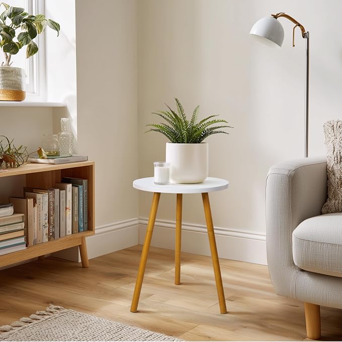 KINNARY Tall Plant Stand Indoor, Mid Century Wood White Flower Stand for Corner, Metal Plant Holder, Modern Home Decor Small Round Side End Table (11.8"x20")