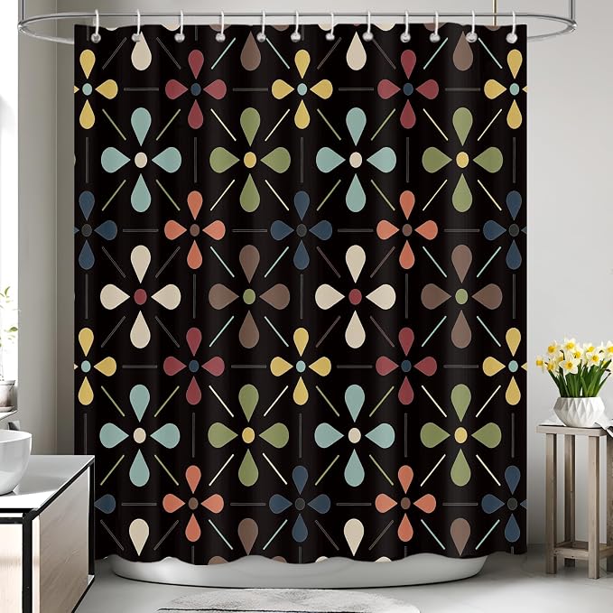 APROPHIC Mid Century Retro Shower Curtain 72x72 Inches, Vintage Geometric Pattern Bathroom Curtain with Hooks, Waterproof Polyester Fabric for Bath Shower, Machine Washable Home Decor for Bath, Black