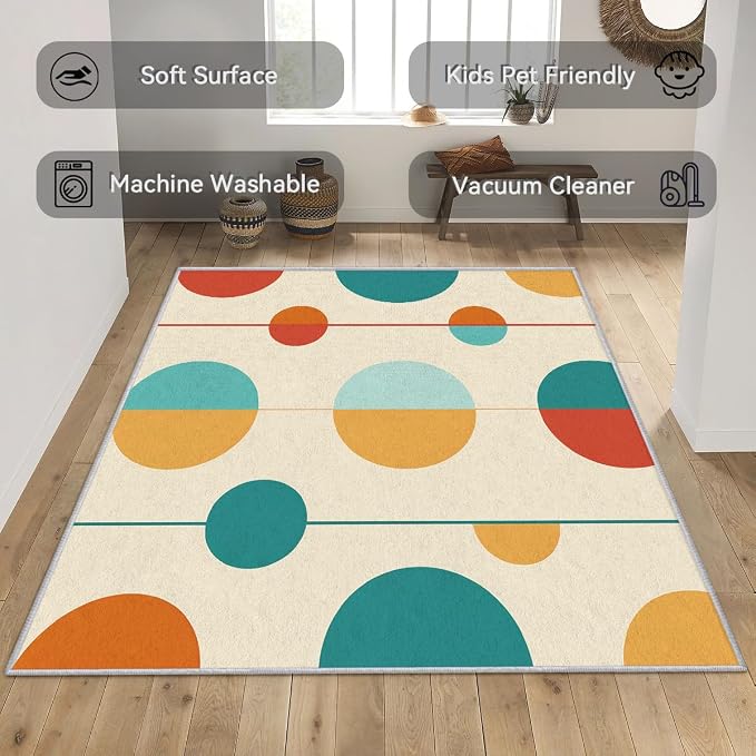 Mid Century Modern Area Rug 7x9, Washable Non Slip Low Pile Abstract Geometric Carpet for Living Room Bedroom Dining Room, Minimalist Retro Circle Accent Rug, Ivory Teal Mustard Orange