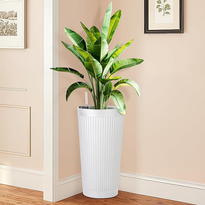 FENCY 2Pack 24IN Self Watering Planter for Indoor Plants, Plastic Large Planter for Outdoor Plants, Water Level Indicator& Spacious Reservoir Flower Planter Decorative(White)