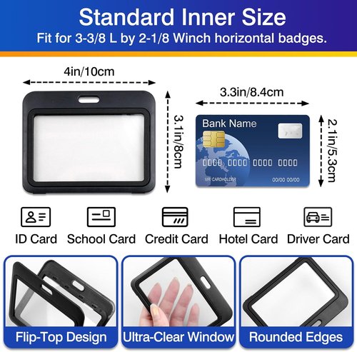 3-Pack Horizontal Hard Plastic ID Badge Holders - Double-Sided Black Card Cases for Office & School Use