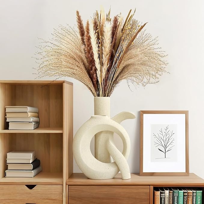 White Ceramic Unique OK Vase Set of 2, Cute Pampas Grass Funky Vase, Modern Boho Aesthetic Decorative Vase for Home Decor (White 1)