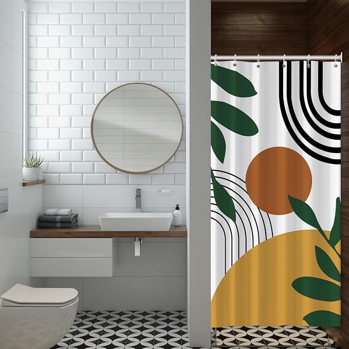 Boho Geometric Shower Curtain White Beige Mid Century Abstract Arch Curve Bathroom Curtain Minimalistic Sun Shower Curtain Sets for Bathroom Extra Long 54x72 in with 10 Hooks