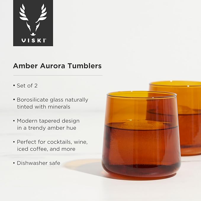 Viski Aurora Wine Glasses, Elegant Amber Colored Cocktail Tumblers, Stylish Glassware for Red and White Wines, Perfect for Hosting, Housewarming, Birthday, Home Bar Accessories, 10.5 oz, Set of 2