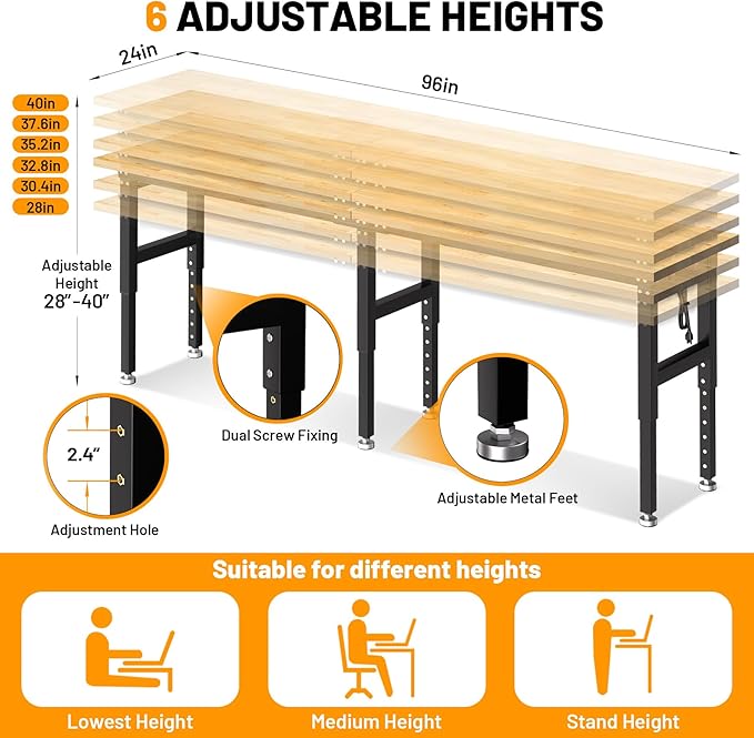 96 Inches Workbench, Rubber Wood Tabletop Work Table, 5500 LBS Heavy Duty Adjustable Height Work Bench with 2 Power Outlets for Workshop, Office, Garage
