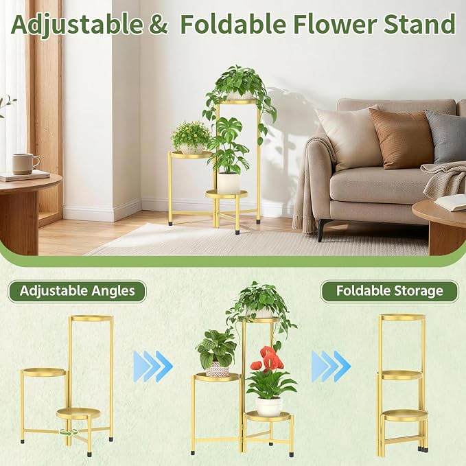 LASZOLA 3 Tier Large Plant Stand Indoor Tall with 10 Inch Metal Tray, Corner Folding Flower Display Rack, Modern Plant Holder Shelf for Outdoor Patio Porch Garden Office Living Room, Gold