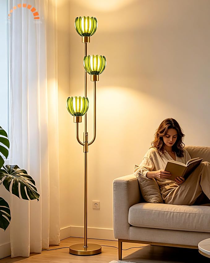 Lightdot 3-Lights Modern Glass Floor Lamp Gold Dimmable Floor Lamps with 3000K Warm White Bulbs for Wedding Party 66IN Tall Standing Lamp with Green Glass Shade for Living Room/Bedroom/Home Decor