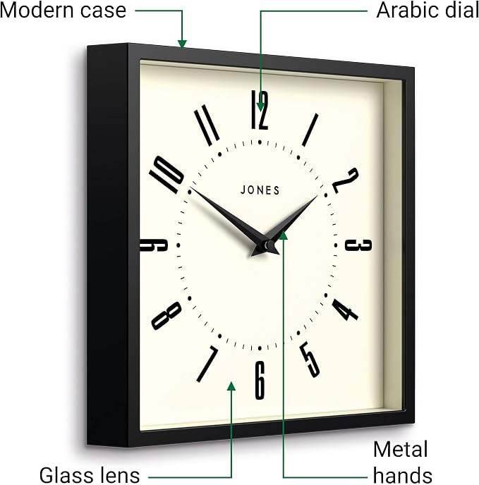JONES CLOCKS® Box wall Clock | Retro Square | 10 inch | Black | Easy to Read Numbers | Perfect Kitchen or Office Clock
