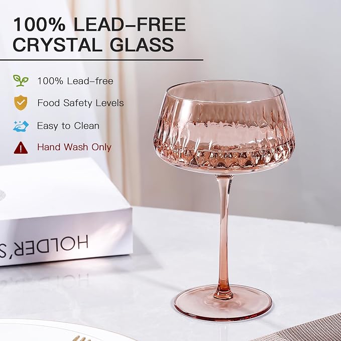 JOVGANK Amber Martini Glasses Set of 6, Hand Blown Colorful Glass 14Oz, Vintage Champagne Coupe Glasses, Large Brown Glass, Crystal Retro Style Bar Glasses, Housewarming and Mother's Day Gift