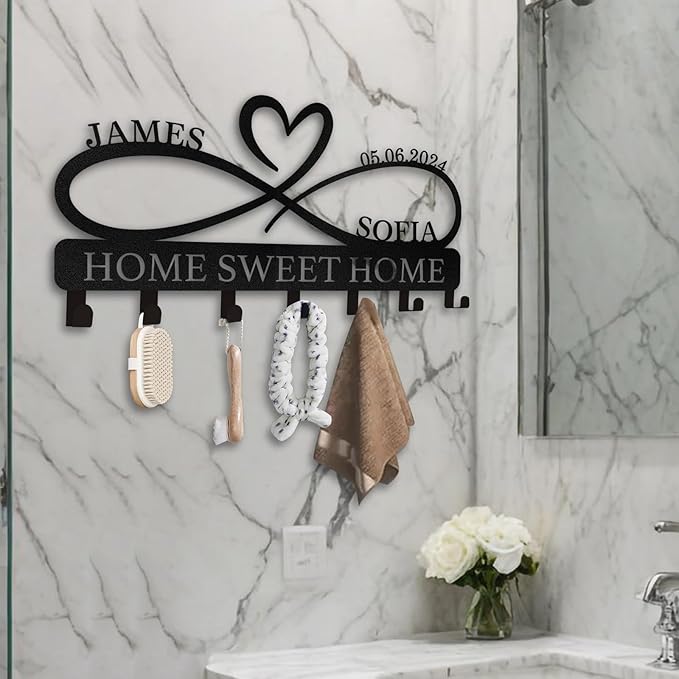 Personalized Metal Couple's Name Key Rack Coat Rack | Wedding Couple Gifts | Custom Wall Mount Key Holder for Kitchen Bedroom Hallway
