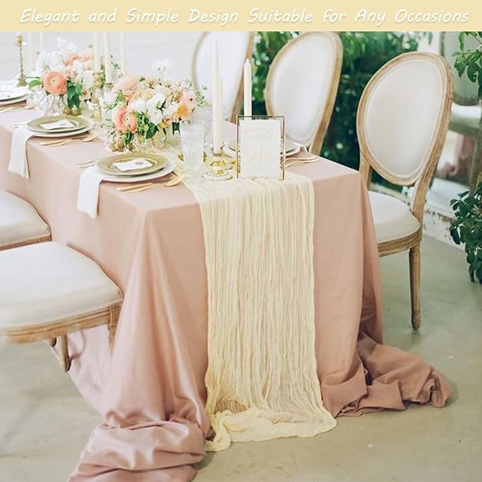 12 Pack 10Ft Cheesecloth Table Runner 35x120 Inch Boho Gauze Rustic Cheese Cloth Long Romantic Table Runner for Wedding Bridal Shower Birthday Party Table Decor (Beige)