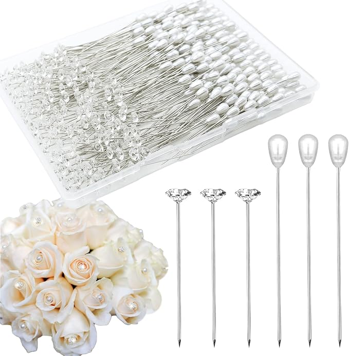 300Pcs Corsage Bouquet Pins Including 150Pcs 1.5 Inch Diamond Pins and 150Pcs 2.1 Inch Pearl Pins for Bouquets, Flower Pins for Sewing Straight Pins for Floral Wedding Decoration DIY Craft Sewing Pins