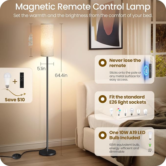 Set of 2 Slim Floor Lamps for Living Room with 2 Magnetic Remotes and Foot Switch, Dimmable Standing Lamp Mood for Bedroom Nursery, 3 Color Temperatures, 1-Hour Timer, 900LM Bulb Included, Beige Shade