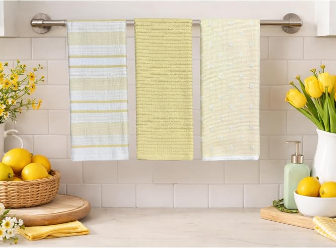 Yellow White Kitchen Hand Dish Towels: Oversized 28" x 16",100% Cotton Cloth Soft Cleaning Drying Absorbent Striped Solid Polka Dot Design, Set of 3 Multipurpose for Everyday Use (Yellow Austin)