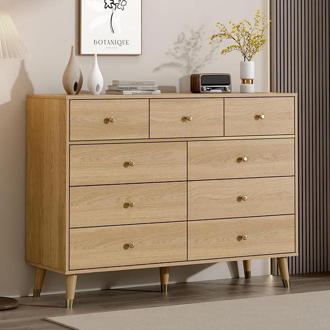 9 Drawer Dresser,47" Wide Mid Century Modern Chest of Drawers,Wooden Bedroom Drawer Dresser with 9 Storage Drawers for Bedroom, Living Room,with Anti-Tipping Device,Yellow