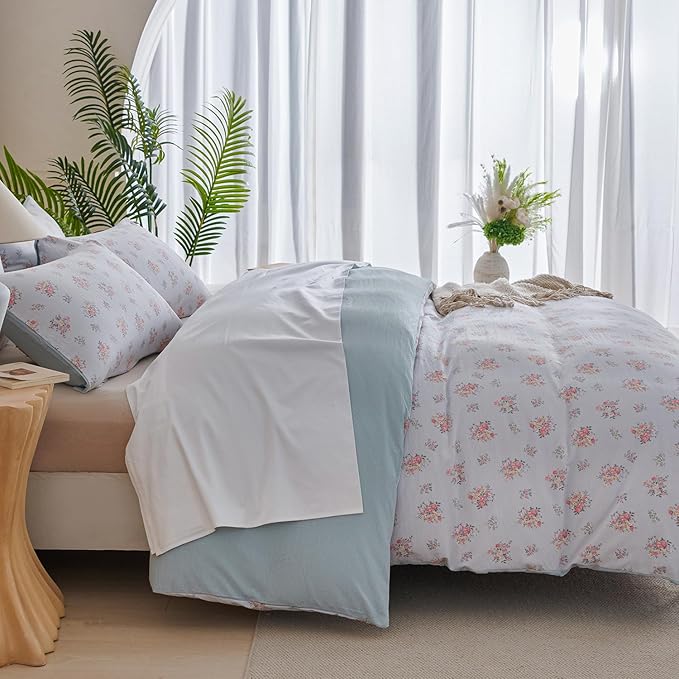 King Size Floral Comforter 3 Pieces Soft Chic Crinkle Gauze Fabric Garden Style Flower Print Botanical Comforter for All Seasons Luxury Warmth Comfy Breathable with 2 Pillowcases