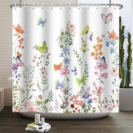 Spring Floral Butterfly Shower Curtain Summer Colorful Wildflowers Botanical Shower Curtain for Rustic Vintage Bathroom Decor Easter Shower Curtain Set 69x70 Inches