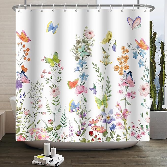 Spring Floral Butterfly Shower Curtain Summer Colorful Wildflowers Botanical Shower Curtain for Rustic Vintage Bathroom Decor Easter Shower Curtain Set 66x72 Inches