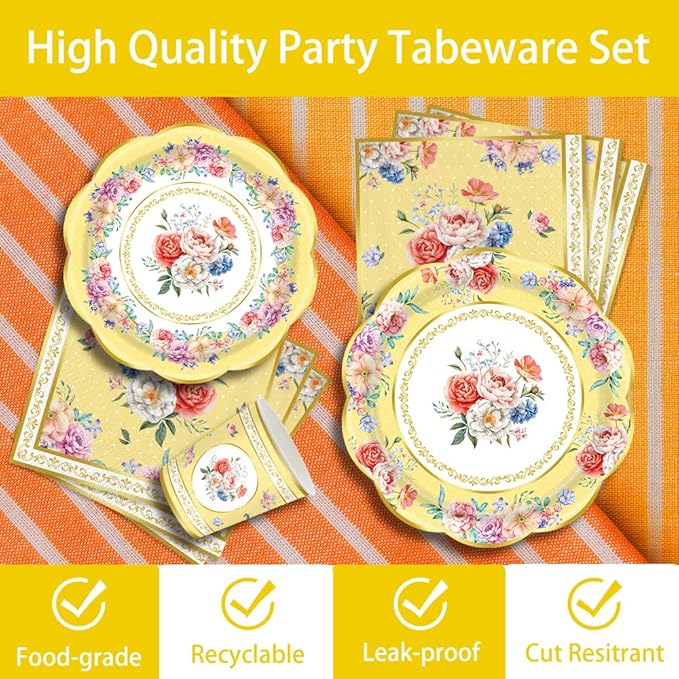 140Pcs Tea Party Decorations Tableware Set Floral Plates and Napkins for Birthday Party, Baby Showers, Bridal Showers, Wedding Bachelorette Party Supplies Floral Tea Party Plates, Serves 20 (Yellow)