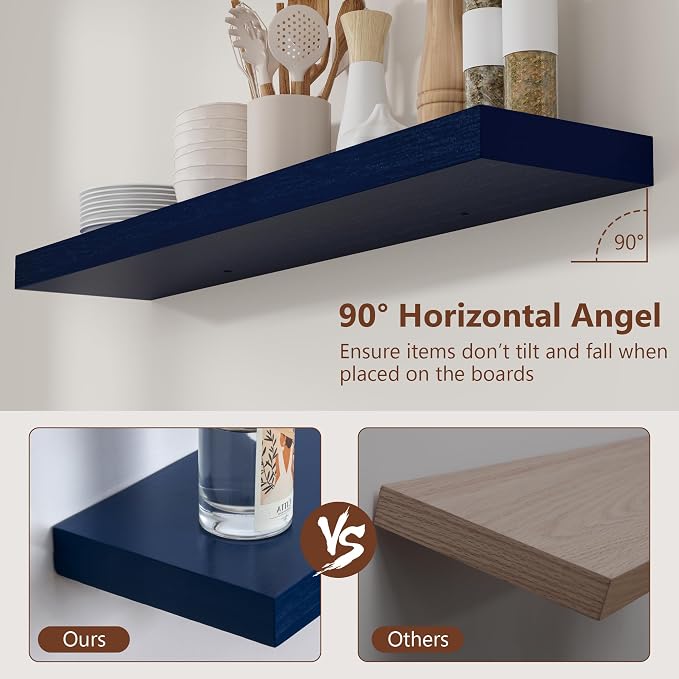 fuqing Dark Blue Floating Shelves 36 Inch, Solid Wooden Wall Shelves Set of 2, Rustic Floating Wall Shelves for Decor & Storage for Living Room Bedroom Bathroom