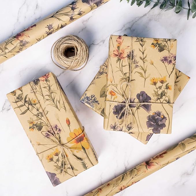 Altarho Kraft Floral Wrapping Paper Roll For Women Girls Wild Flower Design Gift Wrap for Birthday Wedding Mothers Day Bridal Shower Engagement Total 28.5sq.ft