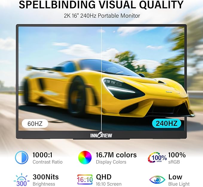 InnoView 16" 240Hz Portable Monitor 2K 2560x1600 100% sRGB Portable Gaming Monitor Supports 120Hz/144Hz/165Hz/180Hz Refresh Rate Monitors Type-C HDMI Laptop Screen Extender for Surface PS5 Switch Xbox