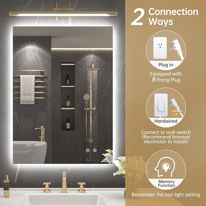 LOVESPEJO 22"x30" Backlit Mirror Bathroom, Lighted Bathroom Mirror with Lights, Fogless, Dimmable, 3 Color Changing, Shatterproof, Horizontal/Vertical（no Motion Sensor）