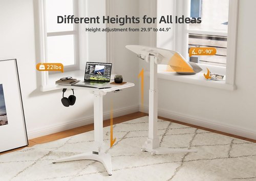 Claiks Mobile Standing Desk - Portable Rolling Workstation with Pneumatic Height Adjustment | White