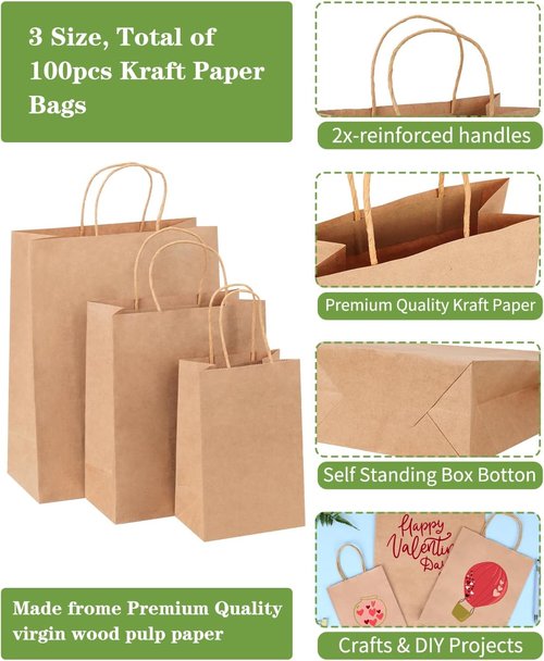 OUTUXED Brown Paper Bags with Handles - 100pc Assorted Sizes for Parties, Retail & Events