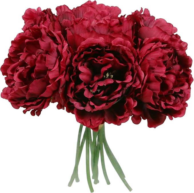 Tinsow Artificial Peony for Fall Home Decoration, 5 Pcs Red Faux Peonies for Halloween Decoration, Silk Flowers Bouquet,(10, Maroon)
