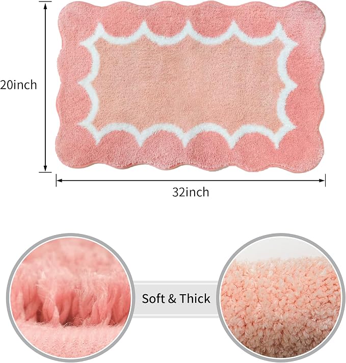 Cute Scalloped Coral Pink Bathroom Rugs Mat,Non Slip Absorbent Quick Dry Bath Mats for Shower Room,Plush Microfiber Bath Rug for Bathroom Floor Washable Carpet for Tub Sink Bedroom,20"x32"