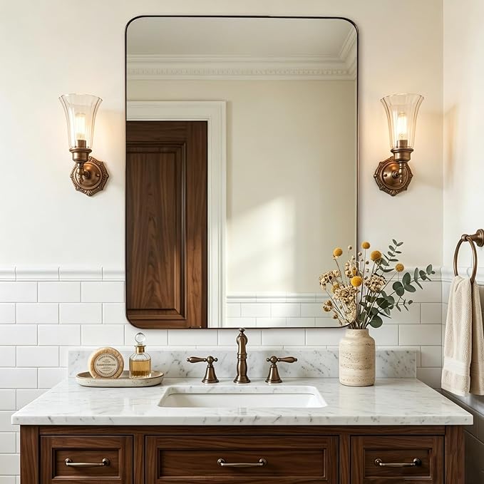 ANDY STAR Bronze Mirror for Wall, 30x36” Rounded Rectangle Bathroom Mirror, Modern Stainless Steel Metal Frame for Vanity