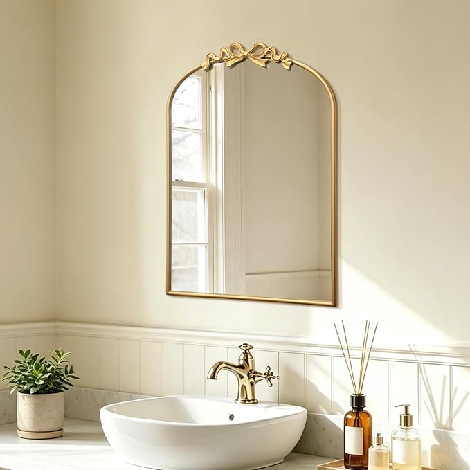 Besdomus Bow Arched Gold Mirror: 22"x30" Gold Antique Vanity Wall Mounted Mirror - Vintage Baroque Traditional Ornate for Bedroom/Bathroom/Makeup Vanity - Wall Decor for Teen Girl