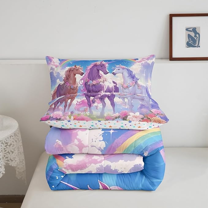 Castle Fairy Dreamy Unicorn Full Size Comforter Set,Rainbow Blue Sky Colorful Flowers Reversible Bedding Comforters Bedroom Collection,Cartoon Animal Floral Galaxy Bedding Set for Girls Teens