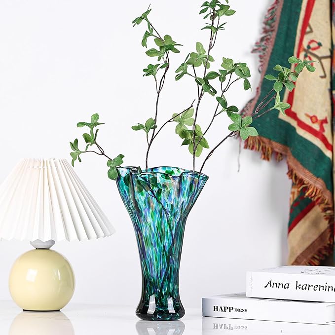 9.8" Tall Teal Blue Hand Blown Glass Vases for Home Decor,Modern Wide Mouth Ruffle Flower Vase Table Centerpieces,Colored Coastal Sea Glass Art for Bookshelf,Bathroom,Counterto,Wedding