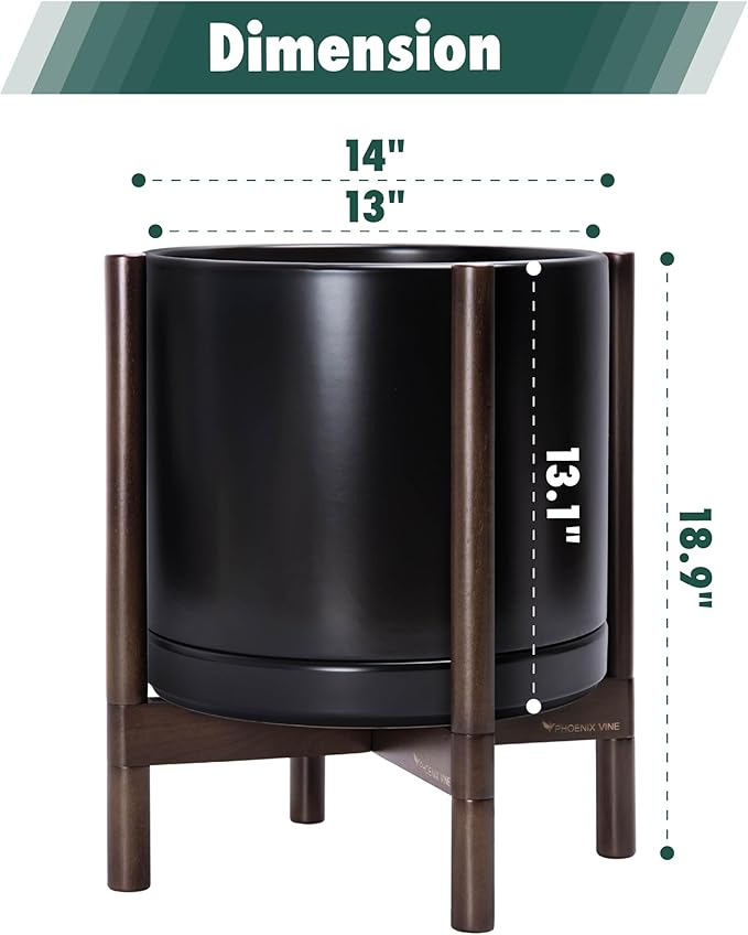 D'vine Dev Ceramic Planter with Walnut Color Stand - 14 Inch Modern Round Flower Pot with Wood Planter Holder, Black, 55-B-T-2