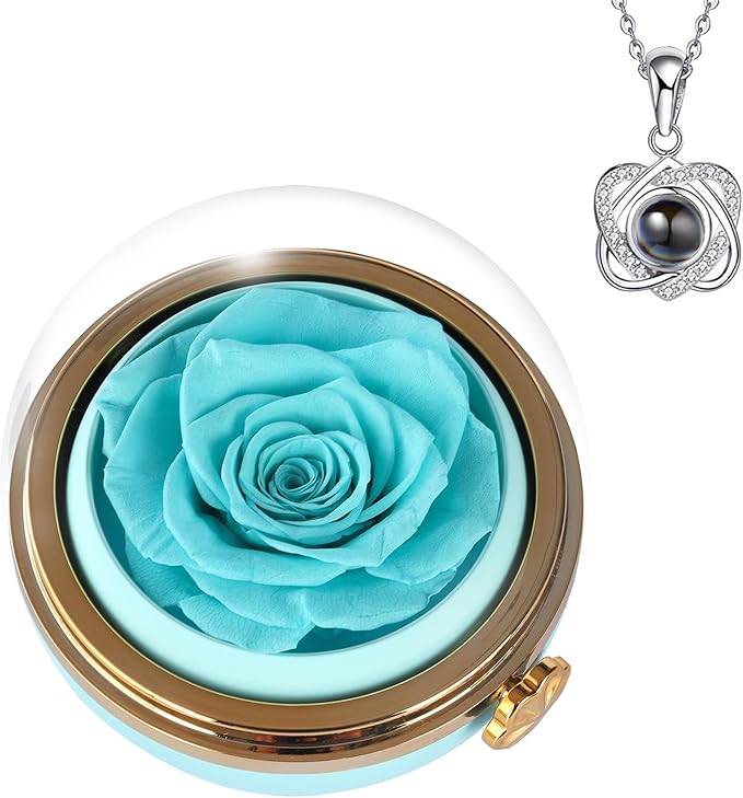Preserved Real Rose with Heart Necklace , Eternal Flowers Gifts for Women, I Love You Gifts for Mom Wife Grandma Girlfriend, Christmas Valentines Mothers Day Anniversary Birthday Gifts Ideas (blue)