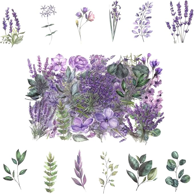 Obujopal 100 Pcs Lavender Purple Flower Stickers for Scrapbooking Junk Journal Notebook Diary Planner Letter Envelope Water Bottle Phone Case Craft Decoration