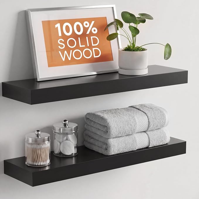 Homeforia Black Floating Shelves 24 inch, High End Solid Real Wood 24inch Bathroom Floating Shelf for Wall Mounted, Black Wooden 24in Floating Shelves, Heavy Duty Bracket, 24 X 6.5 X 1.75 in, Set of 3